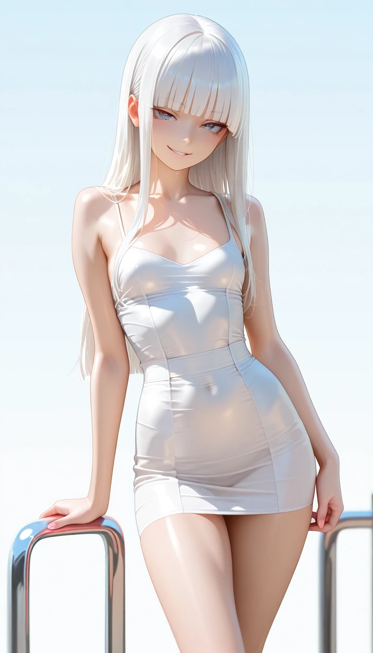 A woman wearing a white backless dress，He wears black stockings on his legs，Exposing the abdomen，The figure is good，The is very detailed，[ 4K realism ]!!, [ 4K realism ]!!!, [ 4K digital art ]!!, Realistic shadow perfect body, realisticlying!!!!!!! art-style, photorealistic anime, by Shitao, Popular topics on cgstation, Casual pose, realistic anime 3D style