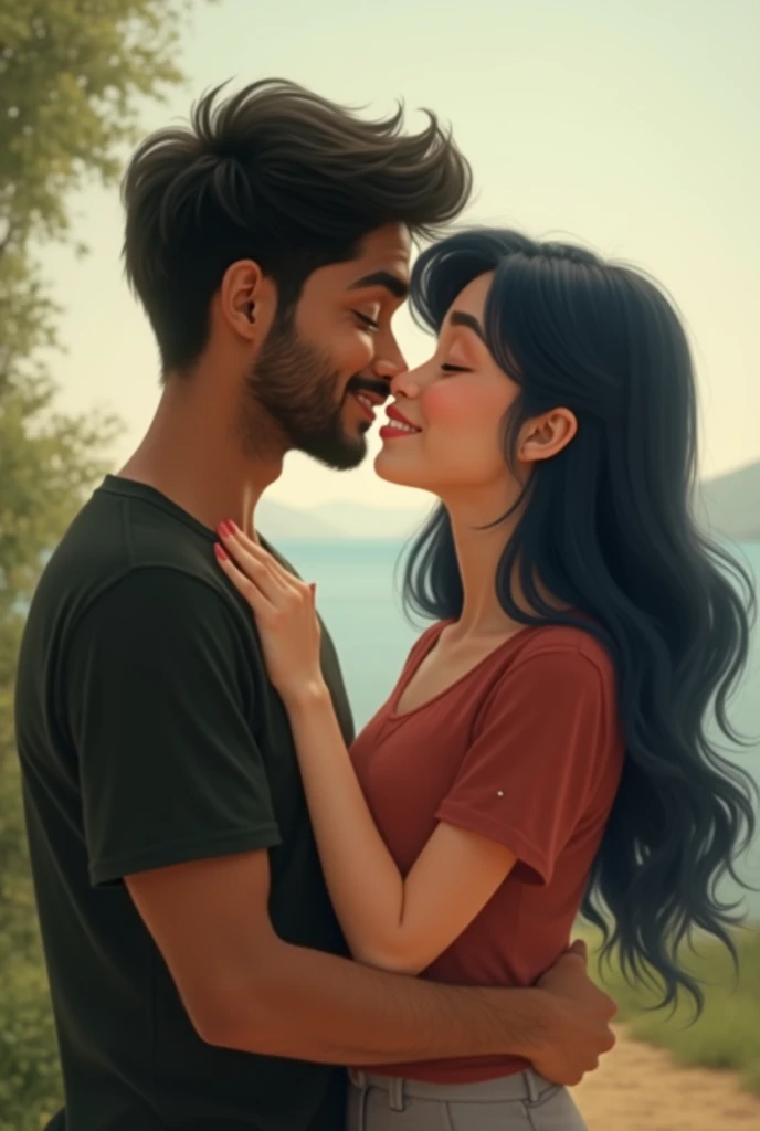 couple bald man with thin beard 4 and 100 kilos and black haired woman 30 years old weighing 75 kilos kissing Disney Pixar style, high qualiy, best qualityer