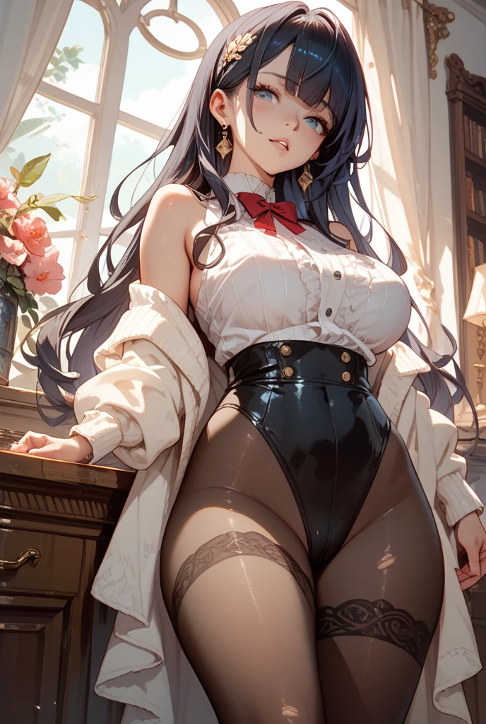 (masterpiece), (highest quality), Super detailed, perfect face, perfect body, 1 girl, beautiful girl,smile、clear、 sailor suit black、leotard、stand,sexy, white pantyhose、