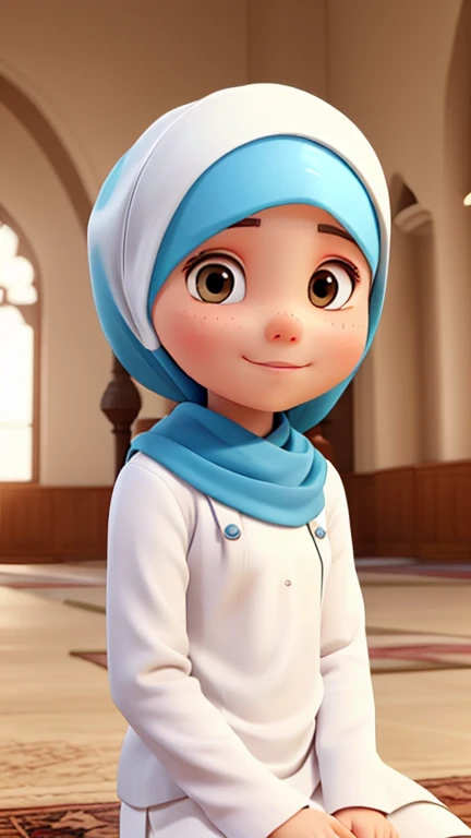 (Best quality,4K,8 k,High accuracy,Masterpiece:1.2),The doctor is with the girl, examining her and opening her mouth closely with her hand and feeling her pulse at the doctor for treatment, smiling, wearing a hijab and white Islamic clothing, with a stethoscope around her neck. ,Vibrant colours,downy, Natural lighting,Exceptional clarity and precision in Pixar style