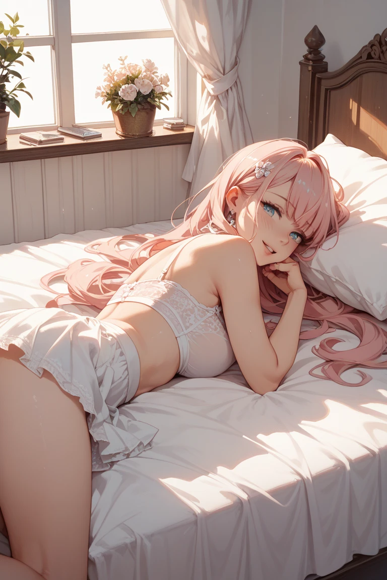 top quality,8K,one girl,Sangonomiya Kokomi,despise,blush,open mouth,shoulder,large breast,ass,(ass focus:1.2),back to the viewer,lying down,Aerial Photography,Full body like,(long and beautiful leg:1.2),Clear face,Exquisite facial features,sexy,white half pantyhose,white lace bra,white lace Panties