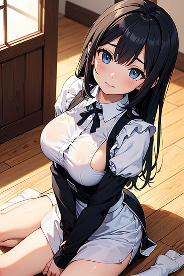 1girl, solo, breasts, thighhighs, underwear, dress, panties, blue eyes, looking at viewer, maid headdress, garter straps, nipples, black panties, maid, black thighhighs, detached sleeves, medium breasts, bangs, frills, bare shoulders, smile, apron, clothes lift, see-through, ass visible through thighs, two side up, fishnets, blue hair, long hair, indoors, thigh gap, lifted by self, ascot <lora:mignonV73-000190:1>