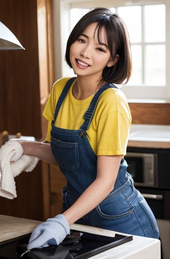 (nsfw)、Mature Woman、close range、Beautiful woman、cute、((Female Nursery Teacher))、smile、Extra Very Short Hair、((Delicate photo)),(Detailed RAW photos of girls), (Tabletop:1.0), (Highest quality:1.6), (Ultra-high resolution:1.5), (Realistic:1.75), 8K resolution, Absurd, Ultra-detailed,Cinema Lighting,、nursery school、((Wearing an apron))、(blunt bangs)、Long sleeve T-shirt、((Colorful kids room:1.1))、((Lots of toys:1.))、((cute壁紙の部屋))、((Simple panties are visible:1.2))