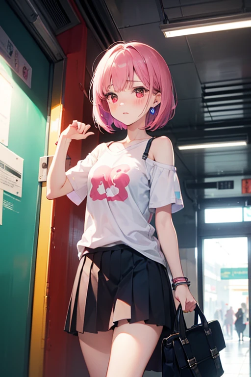 alt-girl, short hair, pastel colors, medium breasts, wide hips, bangs, annoyed face, skirt, emo, dark makeup, grunge style clothing, outdoor location with graffiti, busty, vaping, 23 years old, tattoos, seductive, fishnets, choker, annoyed expression, vape, pastel hair, suspenders