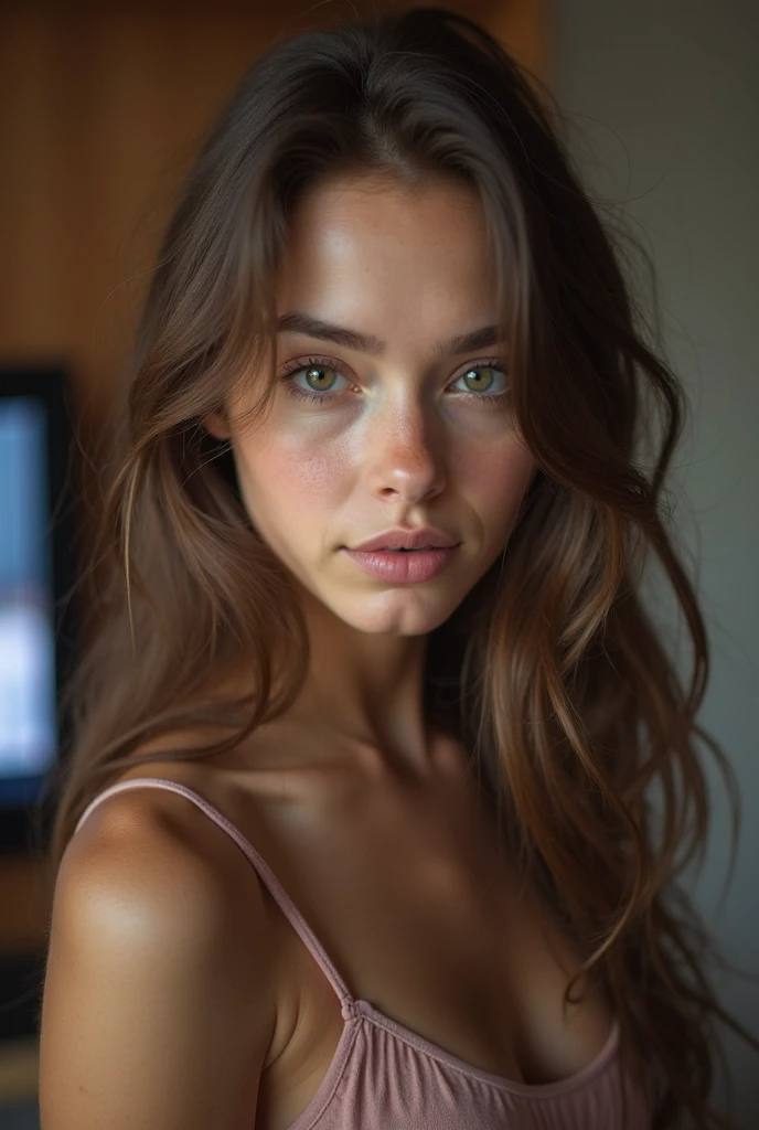 A 20 year old girl taking a selfie. . black fur ,black eyes , mestiza . Bare upper body, medium breasts