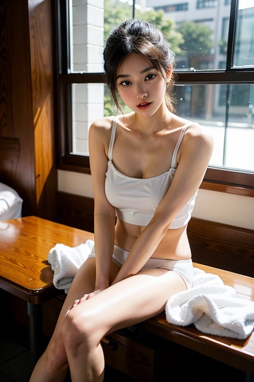 (1 Female solo):1.5, (sauna:1.3), (fullllbody:1.3), (Bun hair, dark brown hair), (top-quality, Photorealsitic:1.4, masutepiece:1.3, Raw photography:1.2, cinematric light, very detailed illustration), (Very meticulously drawn face, Super Beautiful Maid, Super delicate eyes, Ultra-detailed nooze, Ultra detailed mouth, Ultra-detailed facial features, ultra detailed body, Detailed hips, detailed thigh), (tiny chest:1.3), from the front side, Show cleavage, (Very detailed towel fabric long dress:1.3, Strapless), (Sweating a lot), (Sitting on a wooden bench), Slouching, Smile:0.8, light and shadows