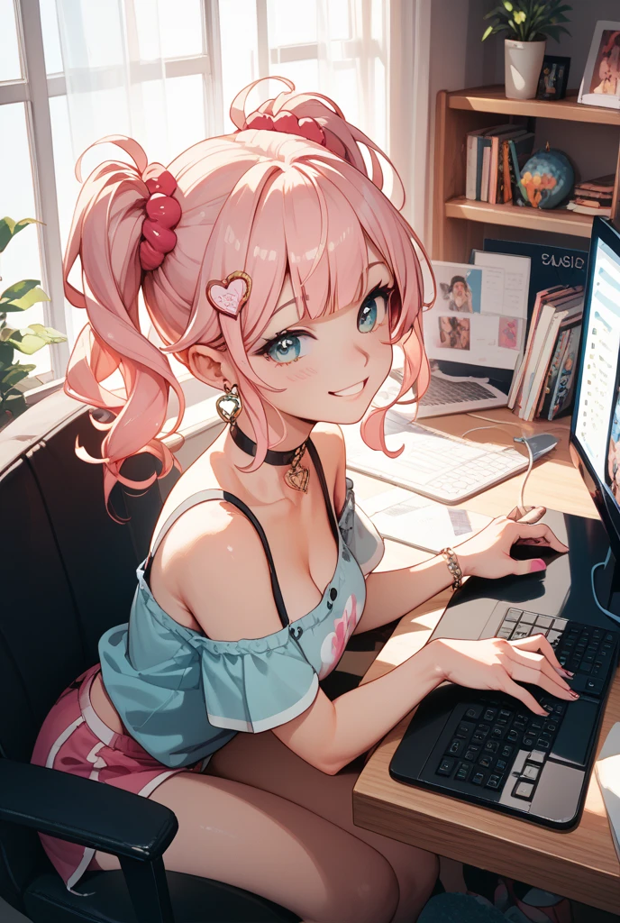1 girl, pink long hair, heart shaped eyes,Bunny ears, {Pink semi-long hairの女の子、 The name Nami}, (Pink eye color), {office、Business service、disk、computer、coffee}, (smile), bright background , mole under eye, heart shaped choker, (masterpiece, highest quality), very detailed, highest quality, official art, beautiful and aesthetic: 1.2), (1 girl), very detailed, (geometry art: 1.3), colorful, most detailed ?d1 girl, Pink semi-long hair, Eye of the symbol, {A girl with long pink bun hair The name Nami}, (Pink eye color), mole under eye, heart shaped choker, (masterpiece, highest quality), official art, beautiful and aesthetic: 1.2), (1 girl), very detailed, (geometry art: 1.3), colorful