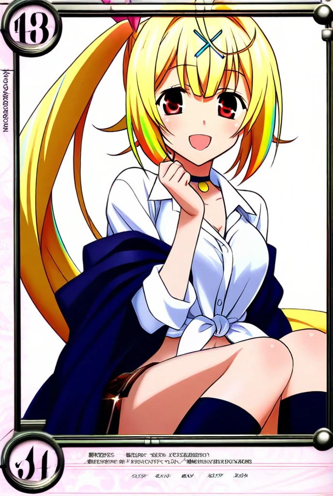 kugimiya rie, (henreader), shana, 1girl, solo, 10yo, oppai_loli, official art, gyaru, blond hair, thick eyelashes, twintail, large breast, shiny skin, groin, serafuku, revealing clothes, white open shirt, side tie, necklace, bracelet, standing, contrapposto, head tilt, :d, smile, naughty, mesugaki, blush, vulgarity, white background, simple background, peace sign, netorare, nsfw
