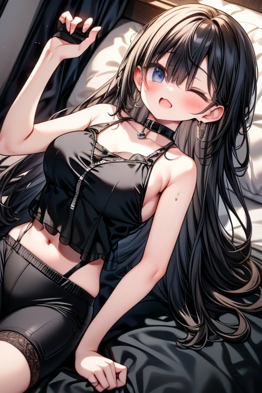 ,beautiful flower々）, heart shaped choker, (masterpiece, highest quality), official art, beautiful and aesthetic: 1.2), (1 girl), very detailed, (geometry art: 1.3), colorful, black hair, yellow eyes.
