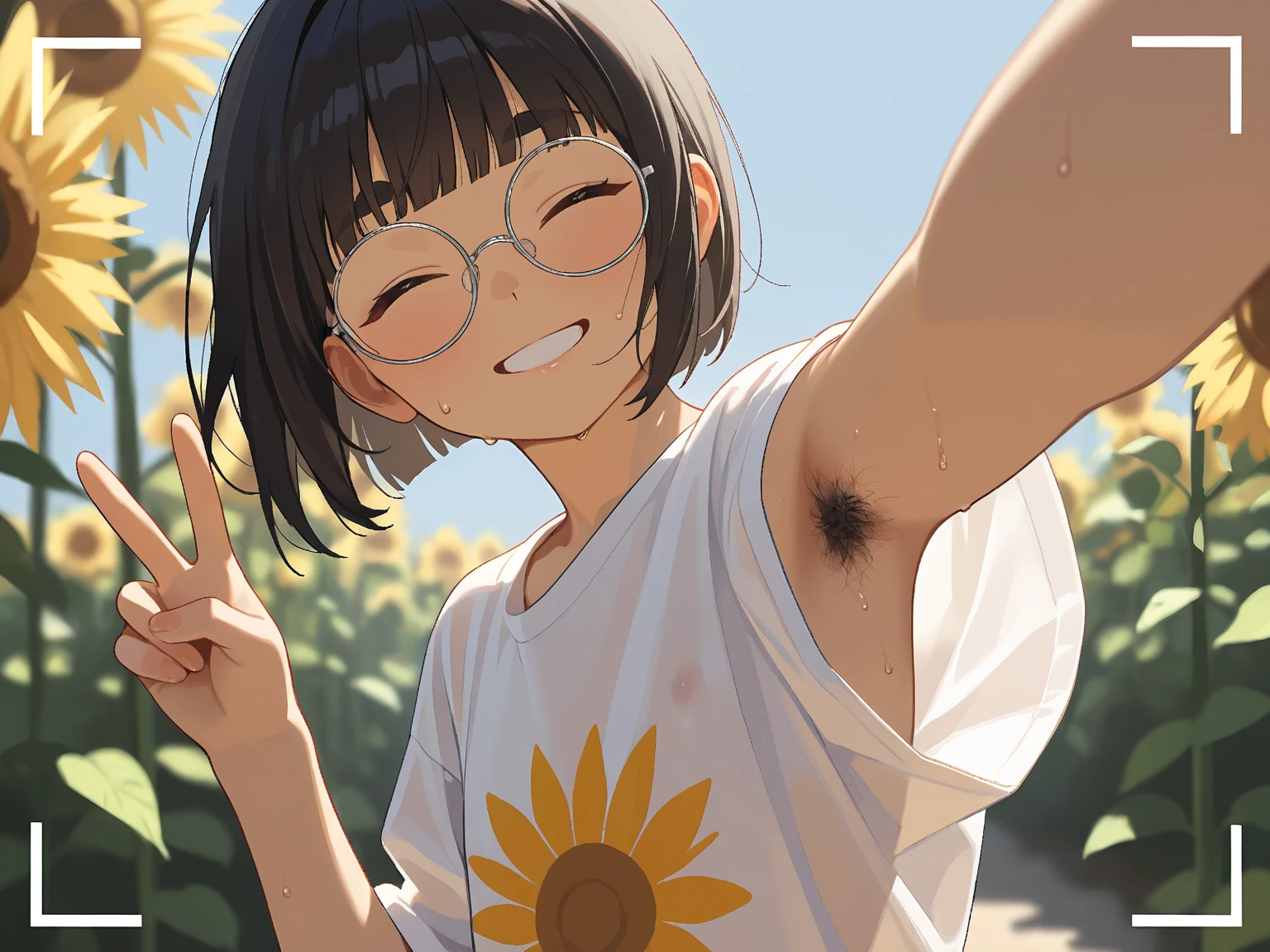 countryside,Paddy field,smile,Are standing,close your eyes,1. small ,short hair,Black Hair,blush,Completely naked,White skin,From below,shy,Sweaty,Wet,peace sign,Mouth wide open,Cowboy Shot