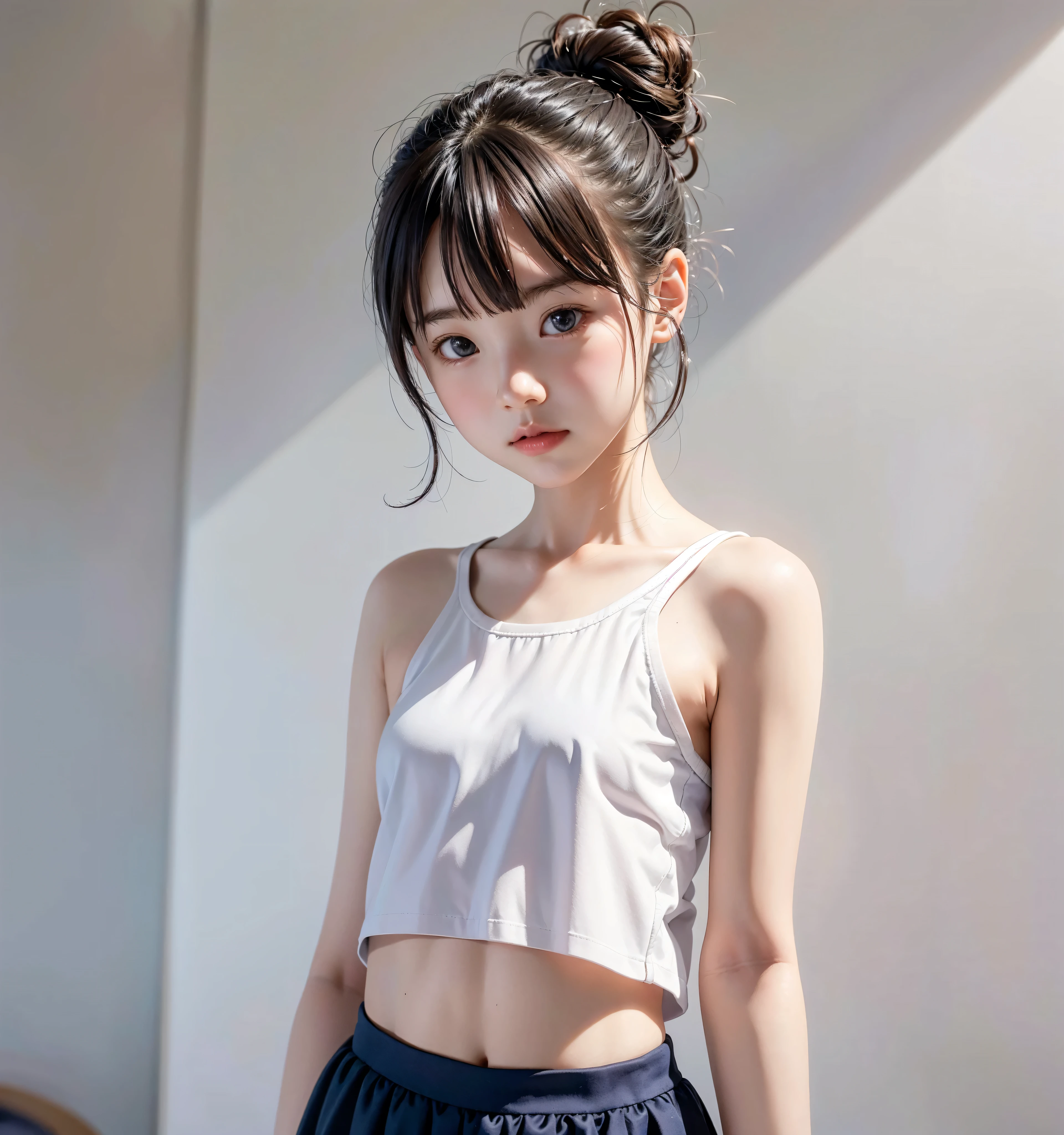 Knees,Black shirt,a navel,pleatedskirt,A dark-haired,poneyTail,blush,(12 year old girl)