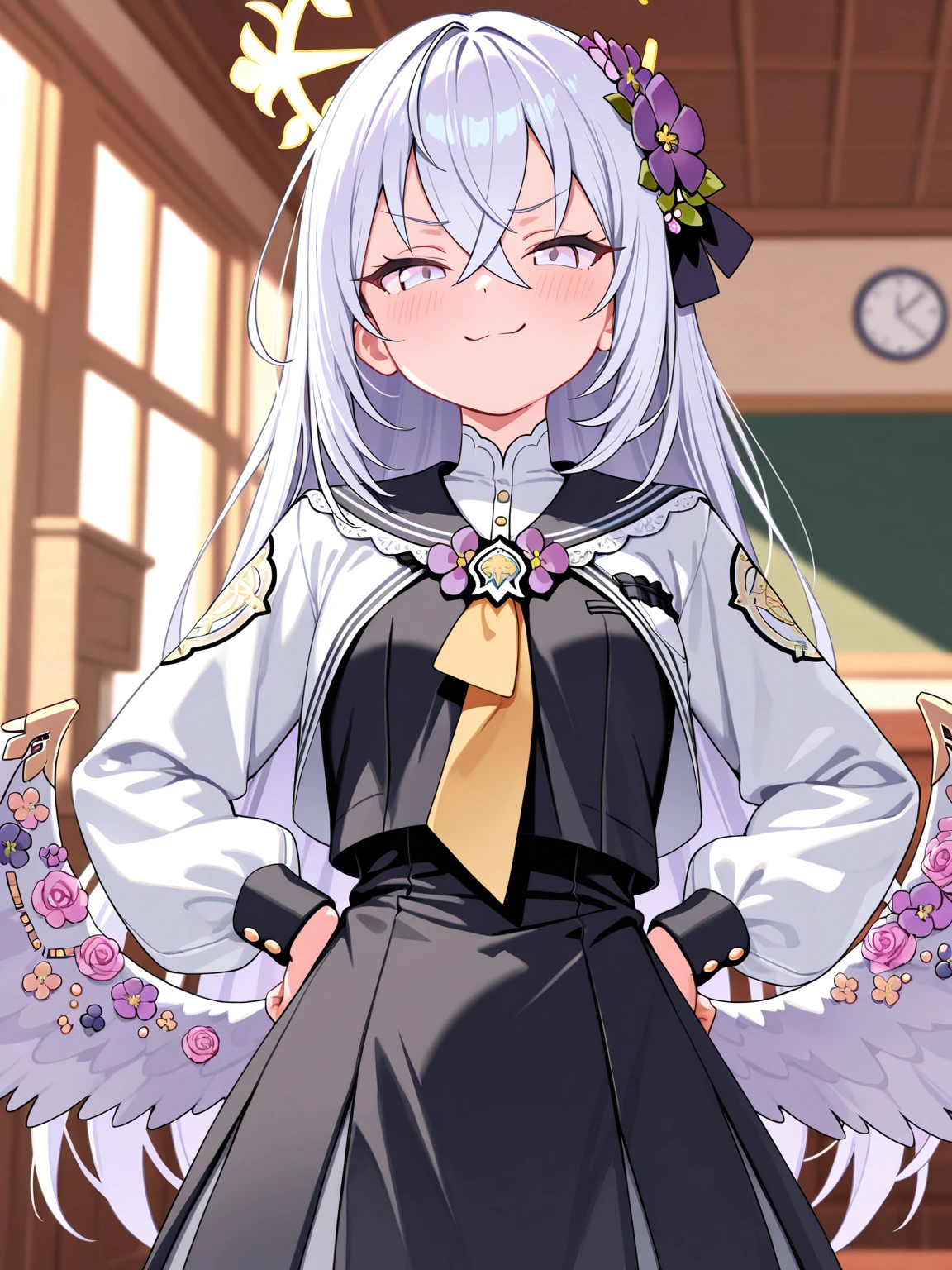 (8k、Best image quality、highest quality、masterpiece)、Detailed face、 One girl、((Laplus darkness))、Gray Hair、Long Hair、Yellow Eyes、Pointed Ears、((Big horns))、Laughing with your mouth open、tooth、((Grin))、((Small breasts))、((serafuku))、Short sleeve、((Pleated skirt))、Cowboy Shot、Hands on hips、Classroom Background