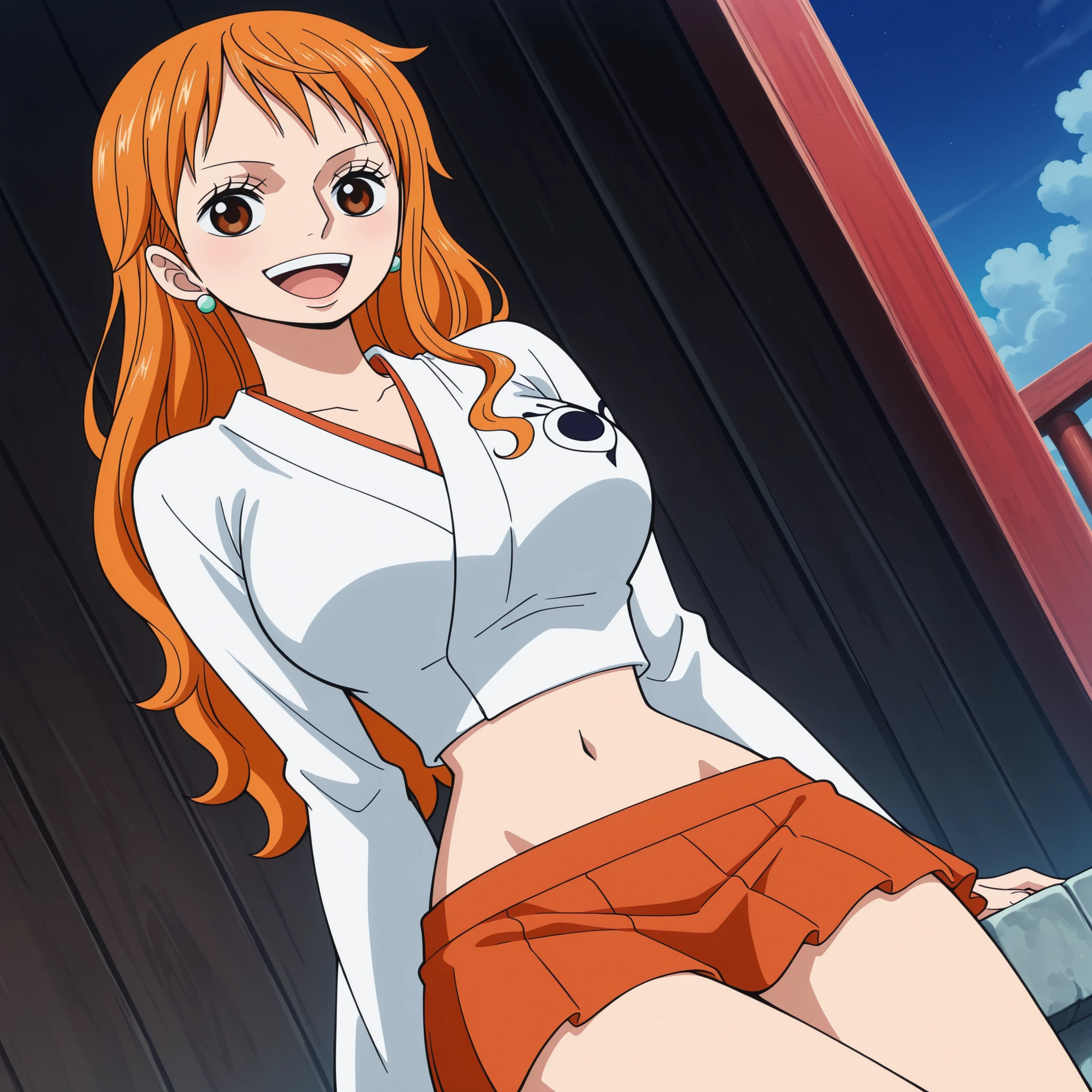 1chica, solo, sentado, cara perfecta, cabello naranja, (ojos naranjas: 1), cara hermosa, sonrisa malvada, ((cuerpo femenino perfecto, cintura estrecha)), belly, bikini, bleach