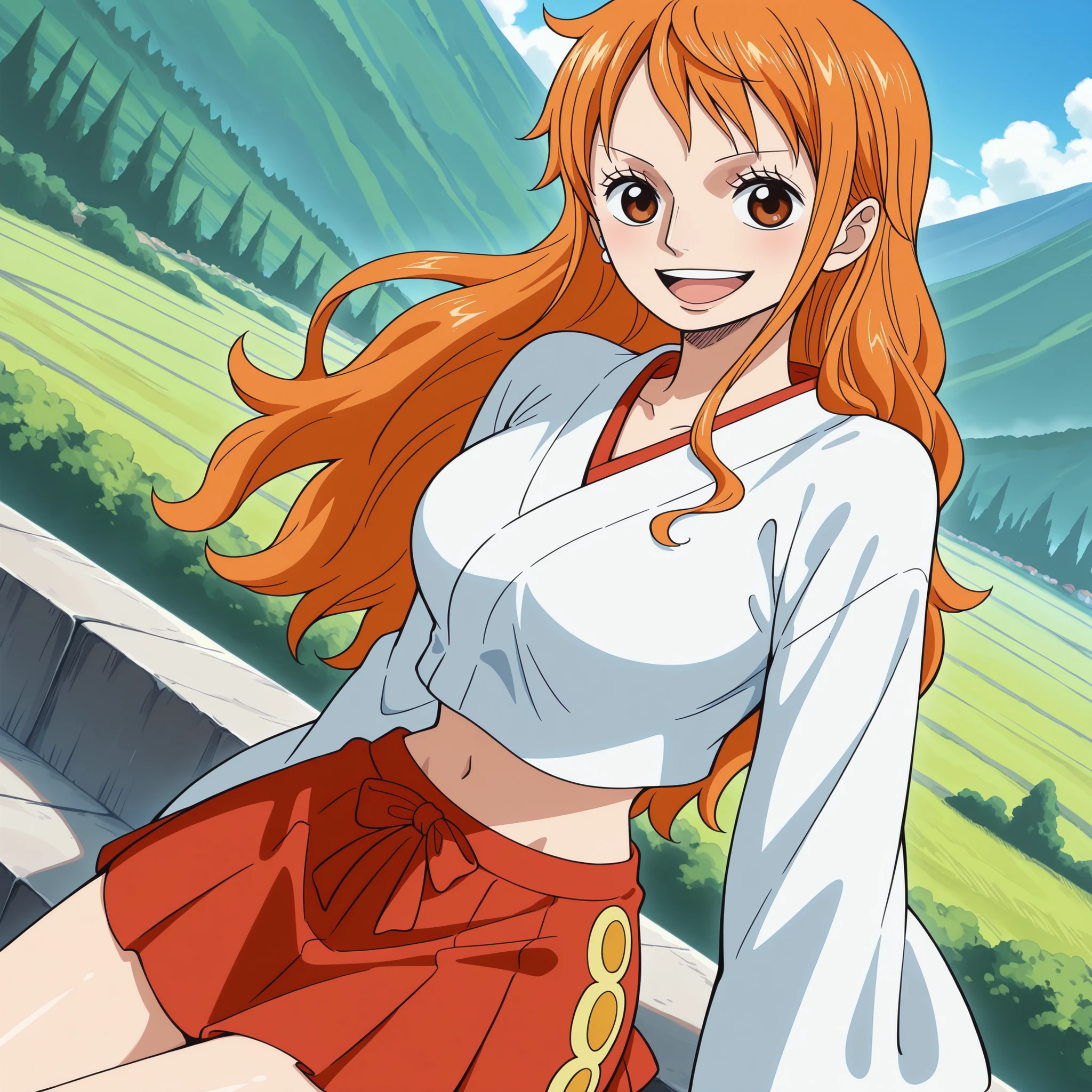 ((best quality)), ((masterpiece)), ((detailed background)), ((high quality illustration)), 1girl, wanostyle, nami 1800, long silky hair, orange eyes, high nose, sharp eyes, upper body, noble, inviolable temperament, female, goddess beauty, pirate ship background, blue sky, clouds, bracelets, white long sleeve, mini dress, donned another belt, bright eyes, miyazaki hayao