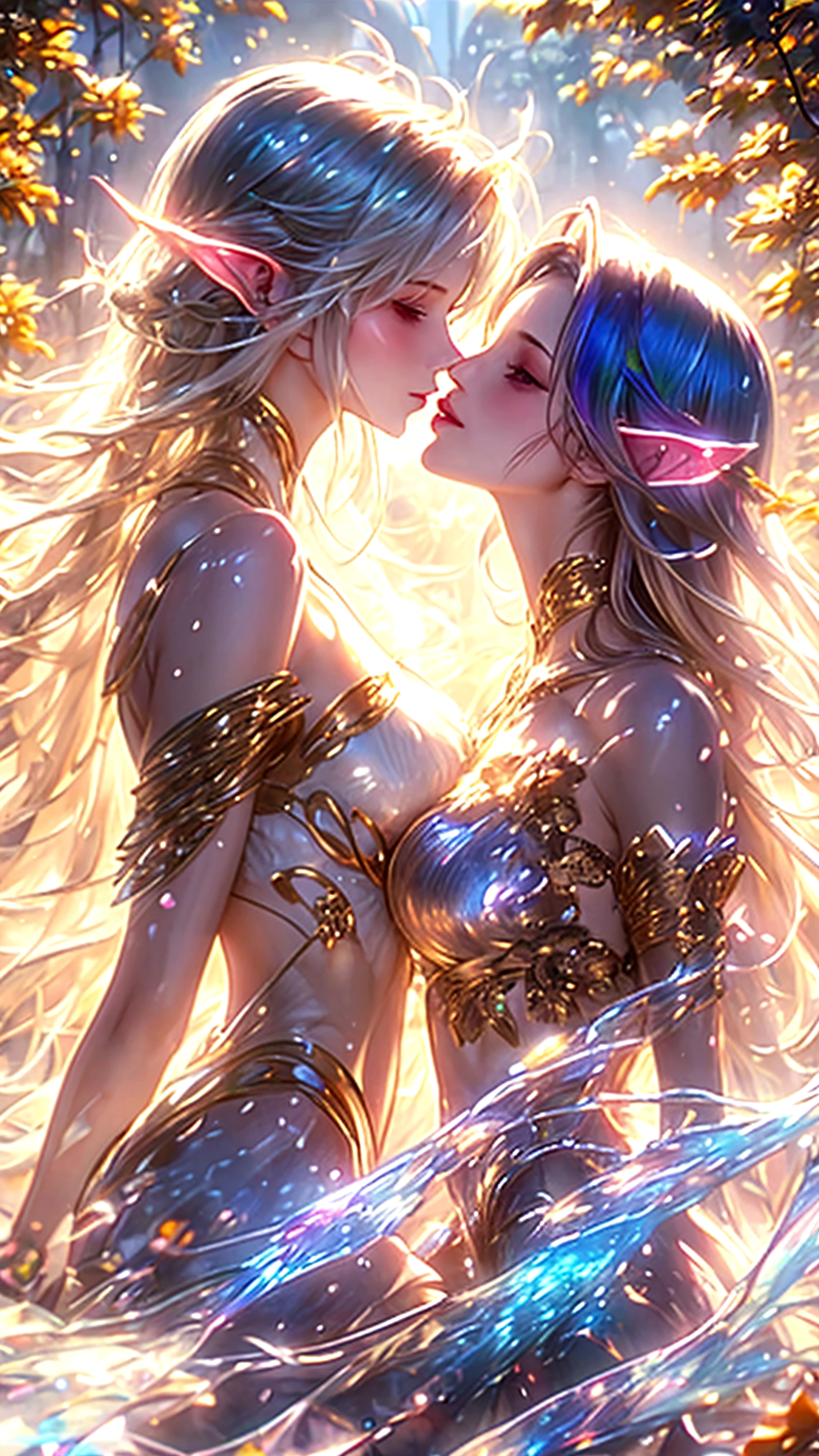 Sisters, Milky Way, Crescent Moon, Meteor Shower, Silver Hair, Feathered Angel Wings, Elven Ears, Transparent Finish, Realistic Body Lines, (((Many long white lace veils flutter in the wind))),((Red tattoo with womb under the navel))))), (Silk gold and silver lingerie), ((((Dirty crest)))