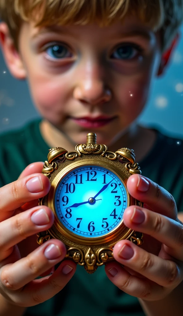 A boy holds an antique watch with one hand, enquanto em um celeiro. [Floresta circundante densa, powder suspended in light beams].