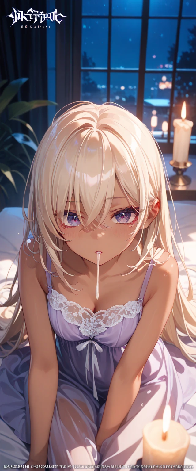 platinum hair,,long hair,purple eyes,pointy ears,elf,tall,((naked)),bondage,tied up,bound,tied wrist,tied legs,,arms behinf back,(((cry,tears,pain))),blush,wet,sweat,rope,collar,leash,on the bed,eager pet pose