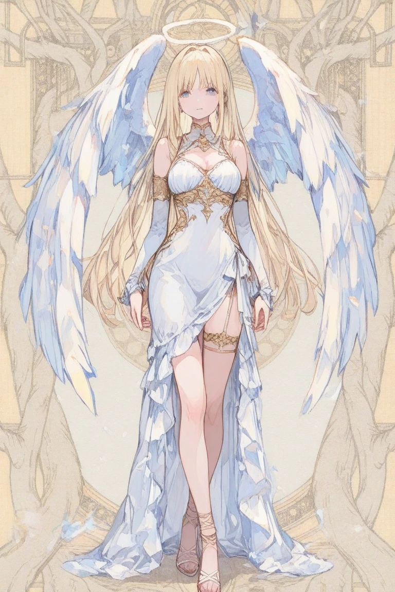 (((masterpiece, high quality))), One girl, Angel Girl, (((wing))),  (Gold and white feather), Celestial, Demon Realm Background, (((Two Tone Split Hair Color))),  ((Very long curly hair)), Angel Dress,(Intricately detailed lace dress:1.8),Fine jewellery with exquisite detailing:1.5,Waist Accessories:1.5,