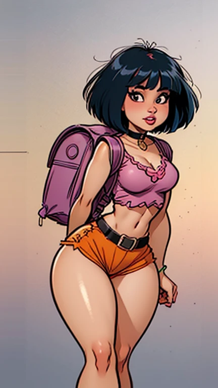 16-year-old black girl, with Maria João haircut, green eyes, large breasts, large butt, toned legs, perfect body, long t-shirt and tight shorts, pose with black background