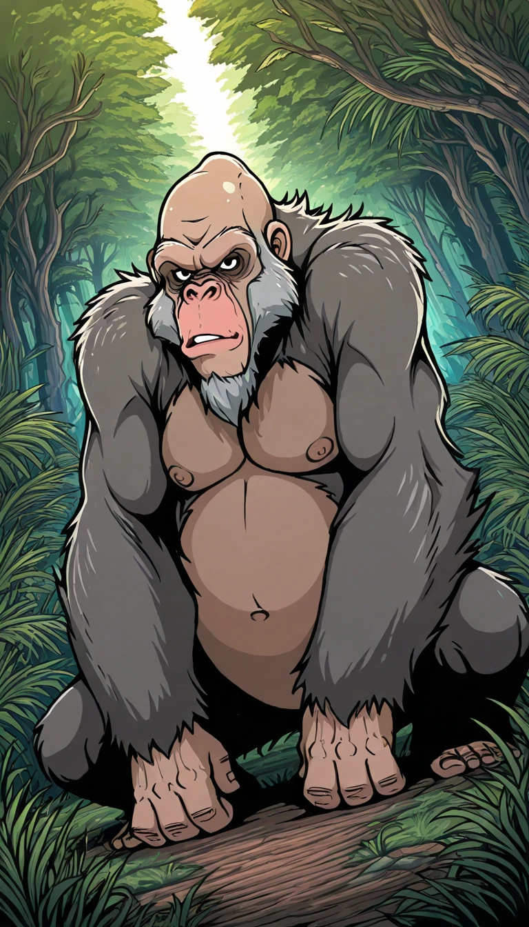 (by Taran Fiddler), (by chunie), chimpanzee, feral chimpanzee, male, older male, grandpa, old, elderly, facial hair, mustache, beard, grey skin, droopy eyes, slightly chubby, wide hips, thick thighs, spreading legs, small cock, tapering penis, butt focus, heavy hyper balls, laying on back, cum, jungle, prehensile primate feet, moaning, orgasm face, tongue out, looking down at viewer, sunlight, overexposed image, warm light, hot light, no tail, gay sex, feral/feral, looking pleasured