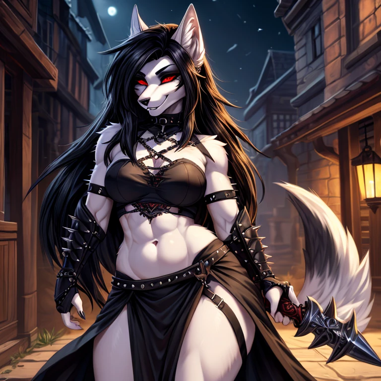 solo, female, furry, anthro, fox, orange, fantasy, rogue, sexy outfit, standing in alley , looking at streets, legs spread, small breasts, thin body, holding dagger, sly face, black messy hair, super detail, masterpiece, super detail, high quality, high resolution, high detail, dusk