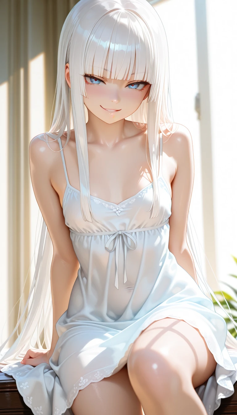 ((masterpiece, highest quality, High resolution, 超High resolution, Perfect Pixel, Written boundary depth, 4K, About RTTX10.0, High resolution))), One Woman, single, alone, Beautiful Anime Women, Beautiful art style, Anime characters, ((Long Hair, bangs, Pure white shiny hair:1.8, Curly Hair:1.6)), ((bright yellow eyes:1.4, Round eyes, Beautiful white eyelashes, Realistic eyes)), ((Detailed face, Blushing:1.2)), ((Smooth texture:0.75, Realistic texture:0.65, Realistic:1.1, Anime CG Style)), ((Lips become thicker、Please open your mouth a little、A big smile))、((flat chest:1.5)), ((Perfect Fingers、Perfect hands、Perfect Arms、Five Fingers))Dynamic Angle, Perfect body, ((whole body)), ((All Nude)), smile, Show me your hands, European palace balcony、Midnight、Starry Sky、shooting star、whole body、Nipples are visible、vagina、((Slender body:1.6))、Sit flat on the ground、(vaginaを見せる:1.5)、Spread your legs、princess gold tiara、Red Gem、bracelet、big blue necklace、armlet、(Sweat gushing:1.8)、