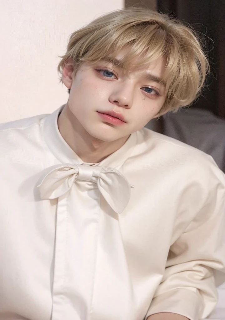 taehyung, BTS GROUP TAE! With long, blonde hair, a corner smile, black clothes and eyes as blue as the ocean.