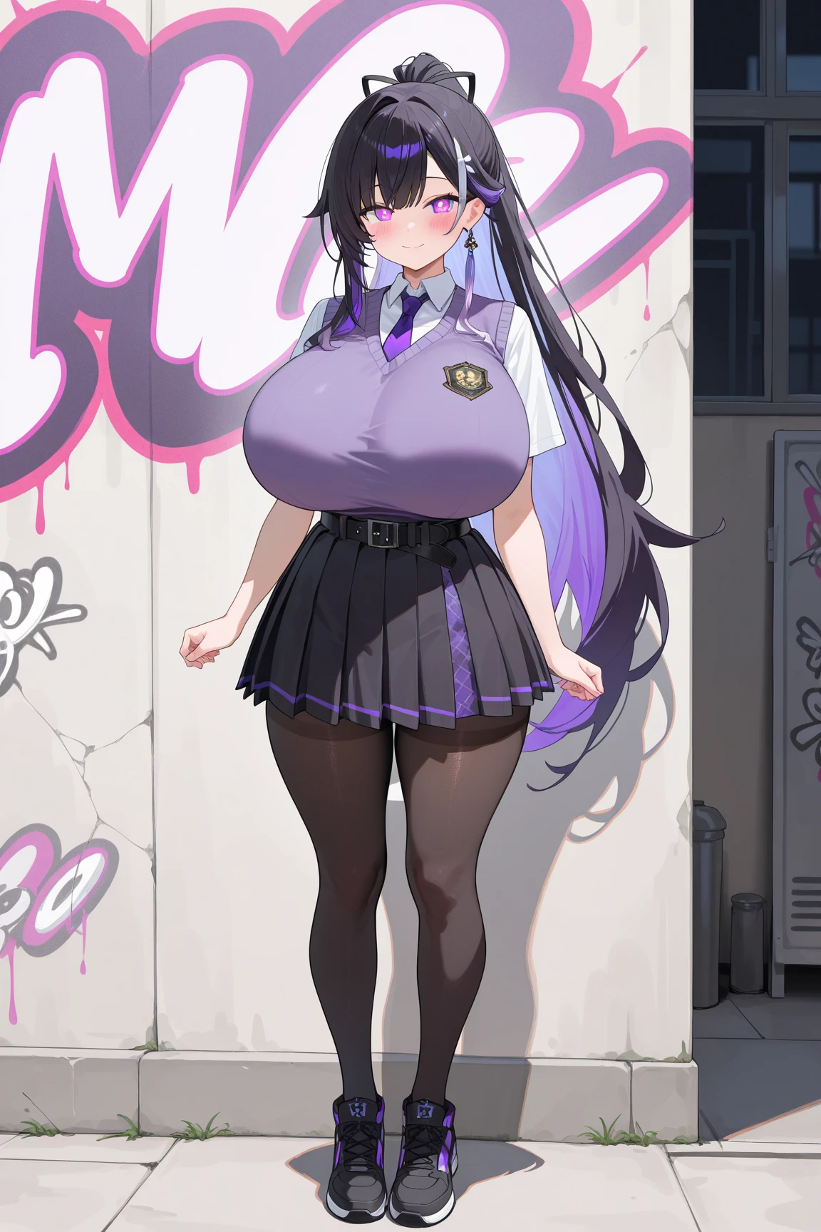 masterpiece, sailor uniform, necktie , (best quality), skirt, (solo), 1girl, reona, silver hair, purple hair , long hair, purple eyes, sexy woman, hair between eyes, hair ornament, vibrant colors ,natural lighting, RTX, (huge tits), (detailed face:1.2), (perfect eyes:1.1) ,(photorealistic:1.1), 8k uhd, looking a viewer, outdoors, simple backround, smile, (full body)