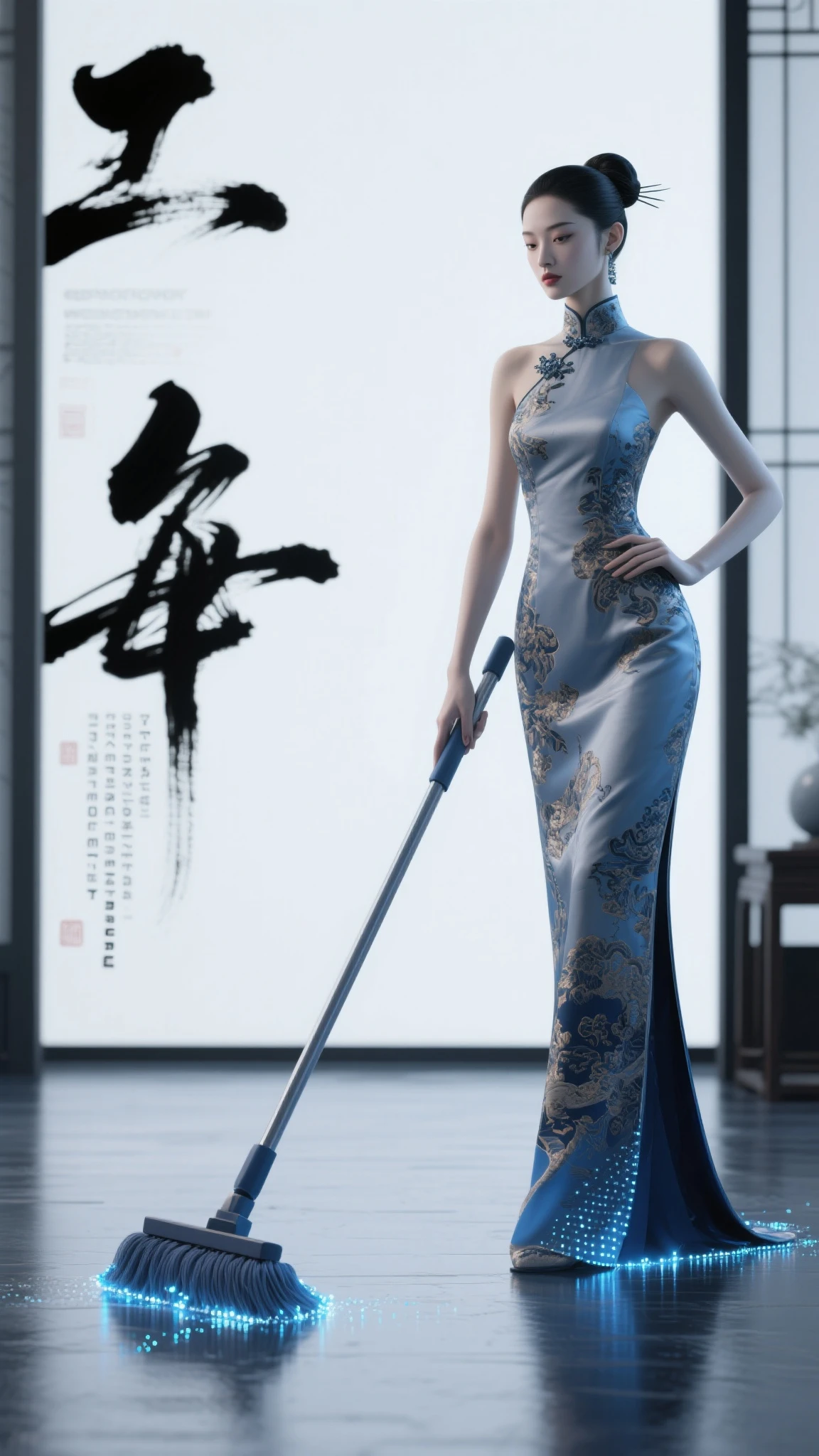 cheongsam fress, full body. silk is Very shiny. Glass texture. Cinematic light, High resolution,