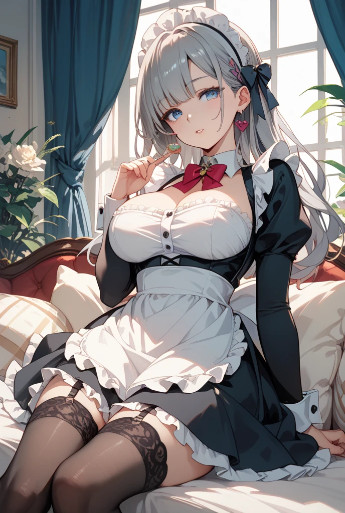 ((Tabletop)), high quality,(Focus on people:1.3),( Realistic:1.3),Very detailed, Silver Hair,(Putting out your forehead:1.5), (White clothes: 1.2),(Gothic Lolita:1.5), Short sleeve,A kind and sensitive girl, Hmph, (Lolita:1.5), Delicate facial features, Glossy lips,Perfect figure, Bright bright colors, Romantic long twin tails, Natural light,Red eyes, Gorgeous hair ornament,(Fluffy mini skirt:1.5),Cleavage,(Wide open chest:1.5),I can see your thighs,(exposure of skin:1.5),Closed mouth smile,Sit on the sofa,
