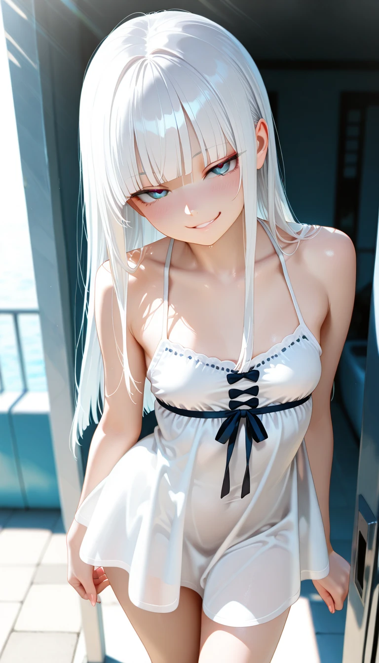 Slender, (Compensate:1.1), (White short bra:1.2), (Small breasts:1.6), In the dungeons、 (Head to knee portrait image:1.6),(Flat Chest:1.8),String panties,My face and chest are used to milk,Backwards、Crouch down