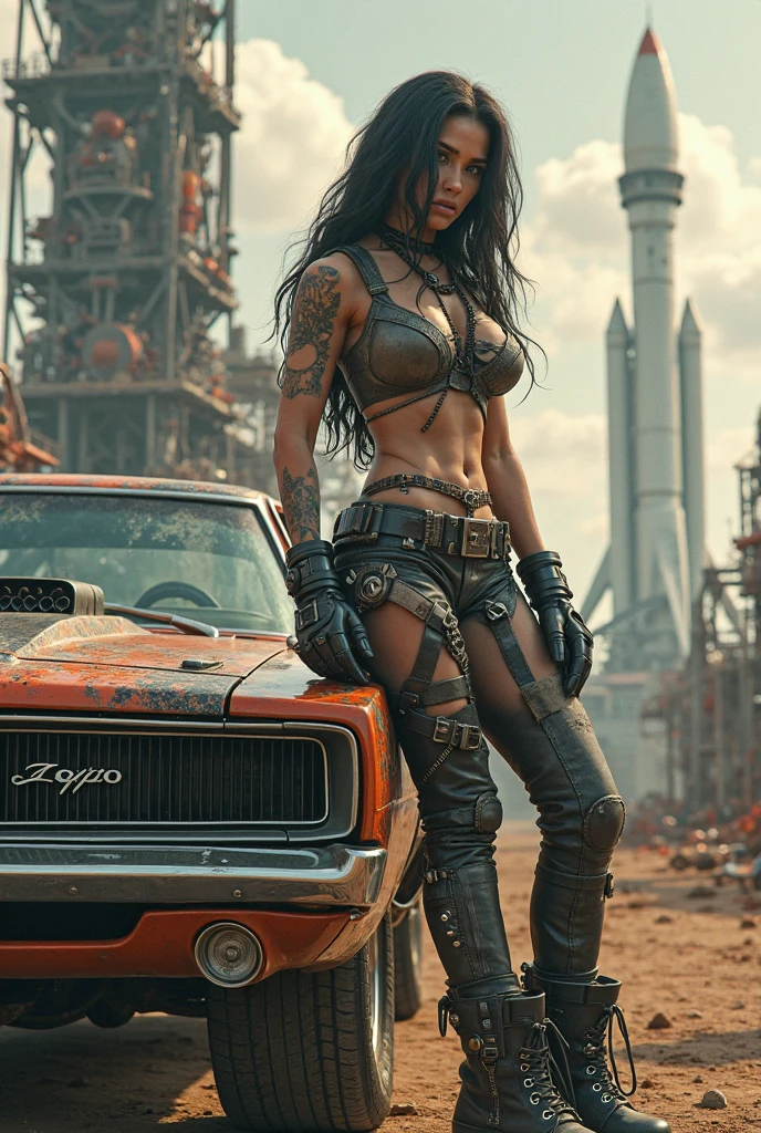 ((21-year-old))), black girl, (((light skin))), (((full body pose))),  (((long curly black hair))), (((wearing tight ripped clothing, wrapped in chains, boots, guns))), (((black fishnet bodysuit))), (((submissive))), (((metal choker))), (((post apocalyptic scene, old cars, fire, death))), dark fantasy, Rich, Deep Colours, (intricate details:0.9), (HDR, hyper-detailing:1.2), (natural skin textures, hyper realisitc, glistening skin, soft light, Sharp),