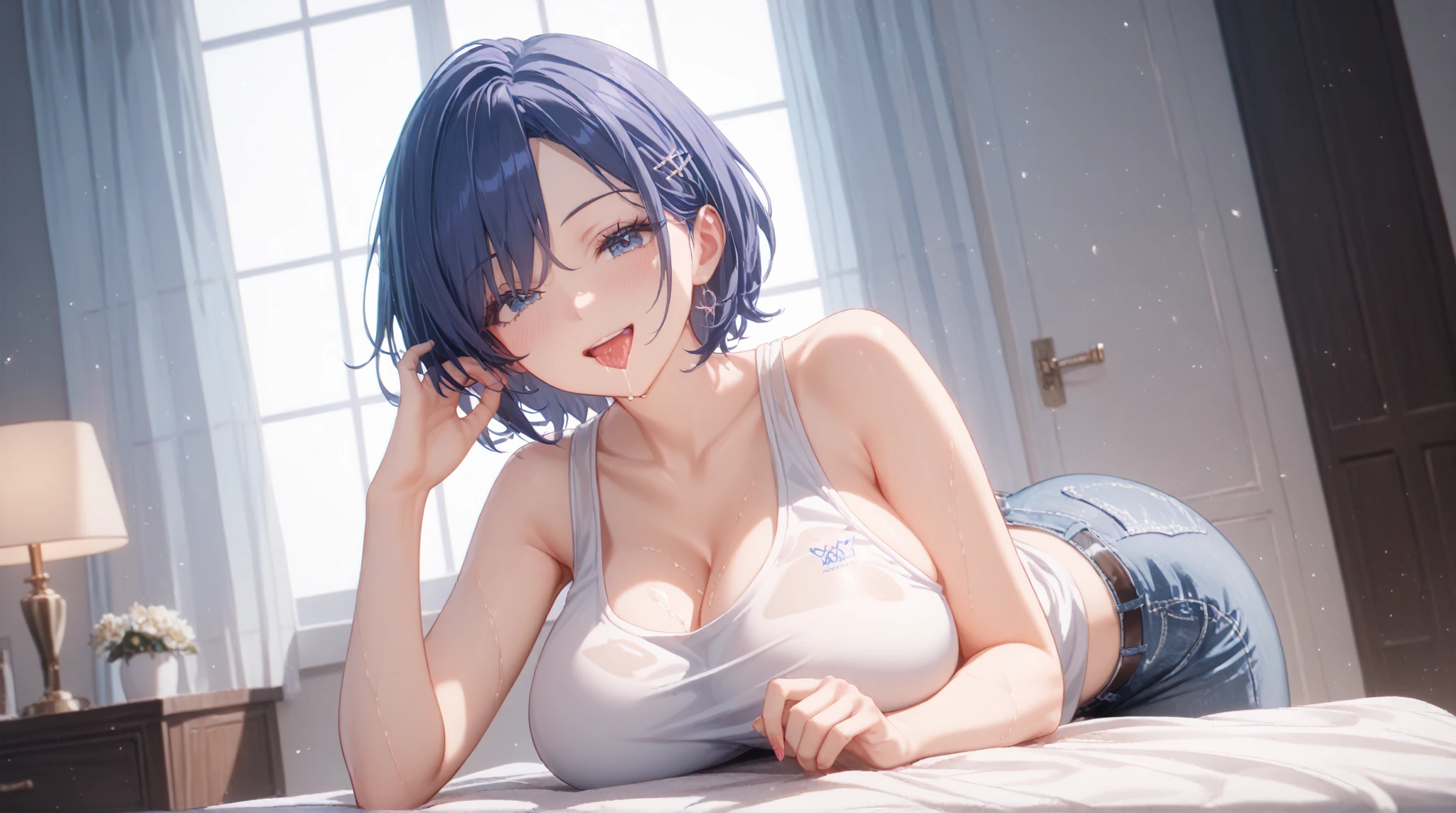 (best quality, masterpiece:1.2), absurdres absolutely resolution, highres, 1 woman, BREAK, (navy blue Short bobbed hair:1.1), brown eyes, normal size breasts, BREAK, 1girl, breasts, solo, cleavage, looking at viewer, normal breasts, smile, crop top, earrings, parted lips, midriff, jewelry, lips, navel, tank top, white tank top, bare shoulders, sitting, bangs, leaning forward, collarbone, arm up, pussy