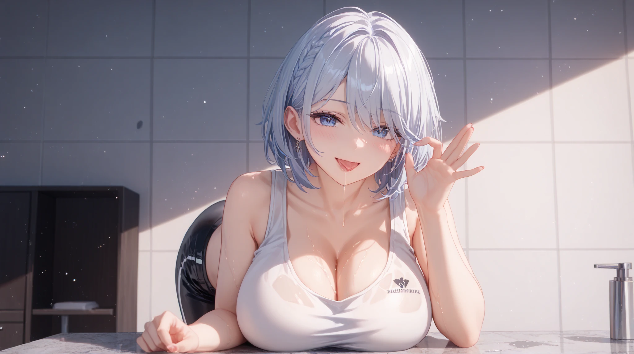 (((solo))),(((1 girl))), beautiful, illustration, extremely detailed skin, masterpiece, best quality, extremely detailed face, vibrant colors, depth of field, cinematic lighting, sharp focus,(cowboy shot), pov, (anime screencap:1.1), ((kind smile)), blush, parted lips, (((shiny skin))), (((glistening skin))), light rays, lens flare, indoors, room, window, (night), (bare shoulders), (bare legs), collarbone, (((tight satin shiny fluorescent white sports bra, tight satin shiny fluorescent white sports panties))), (cleavage), ((upperboob)), (groin), (midriff, navel, bare navel), (skindentation), (wedgie), more_details:0.5,(Mimosa, short bob hair, orange hair, large breast),heavy breathing,more_details:-1, more_details:0, more_details:0.5, more_details:1, more_details:1.5,spread legs,nsfw
