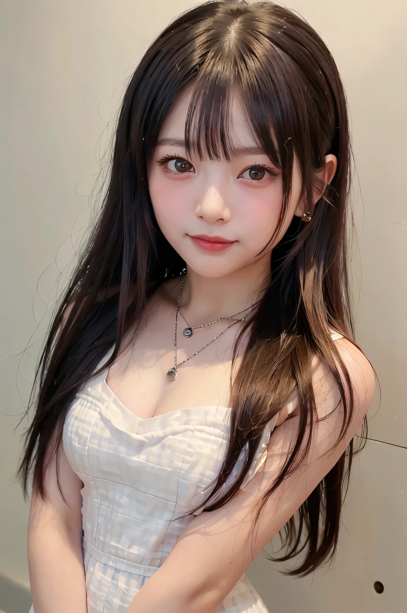 (top quality、8k、32K、masterpiece)、(realistic)、(realistic:1.2)、(high resolution)、very detailed、very pretty face and eyes、1 、round face、Tight Waist、Delicate Body、(close、top quality、Attention to Details、rich skin details)、(top quality、8k、oil:1.2)、(realistic、realistic:1.37)、bright color、(((brown hair)))、(((upper body shot)))、(((short hair)))、(((white wall background)))、(((Smiling face)))、(((brown hair)))、((White and Pink Dress)))、(((gingham check dress)))、(((私はbrown hairです)))、(((I'm wearing a dress)))、(((I have bangs)))、(((crescent moon necklace)))、(((arms folded )))、