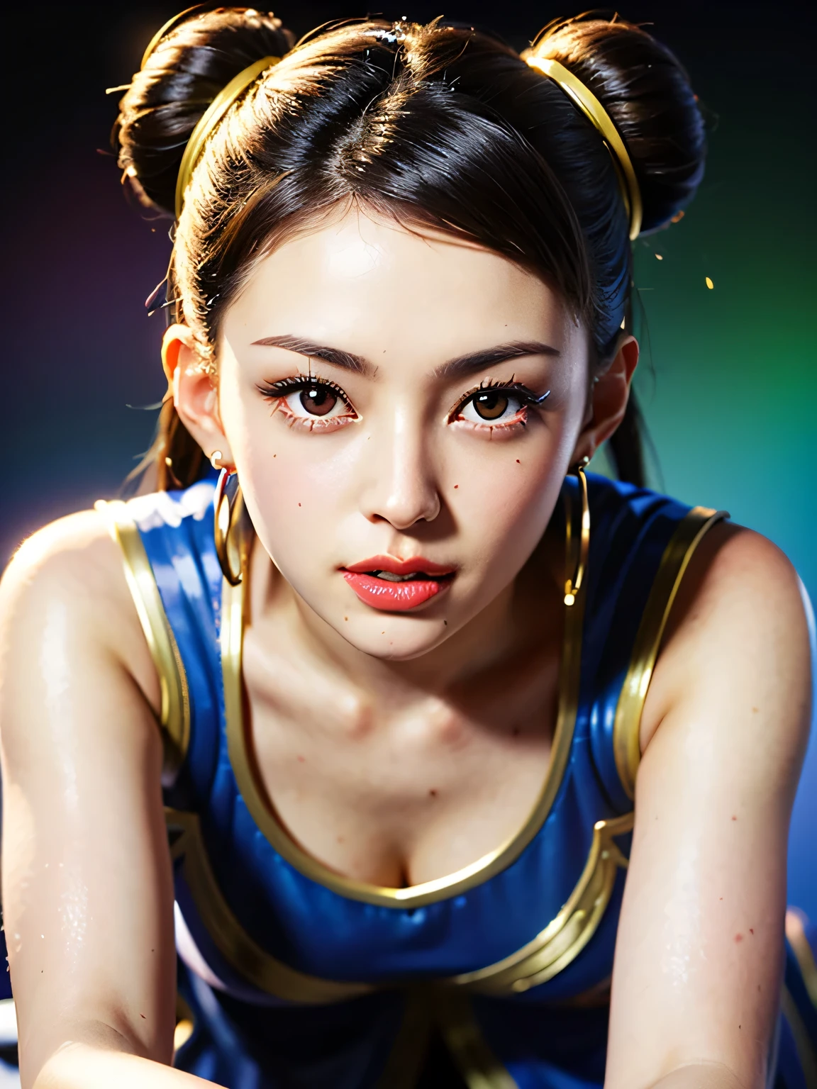 Chun-Li from Street Fighter。Two buns hair。Blue Kung Fu Vest。