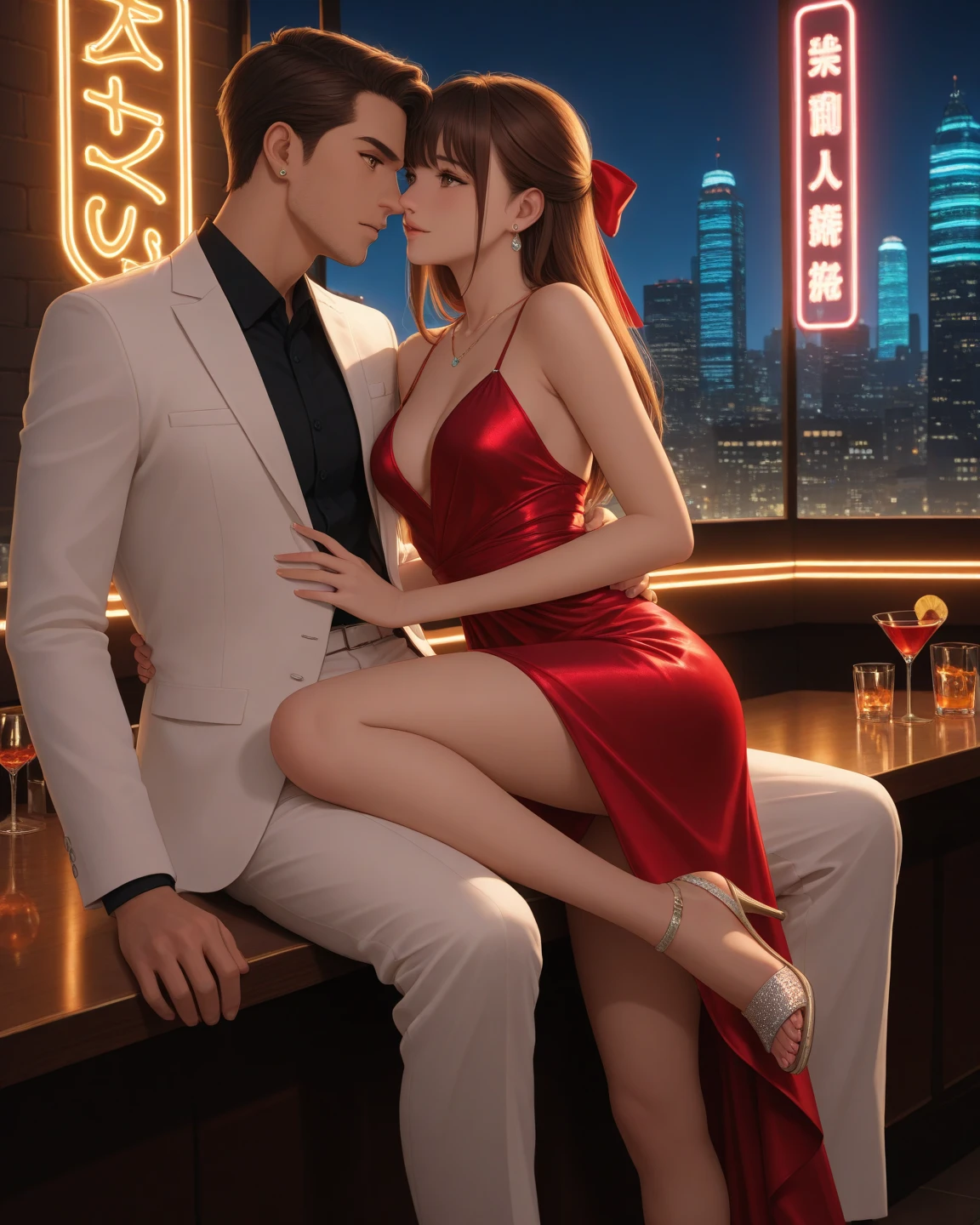 A young couple is sitting on chairs outside the house and having a party. The woman is wearing printed underwear. Her hips are big. It is night. There are some trees nearby.