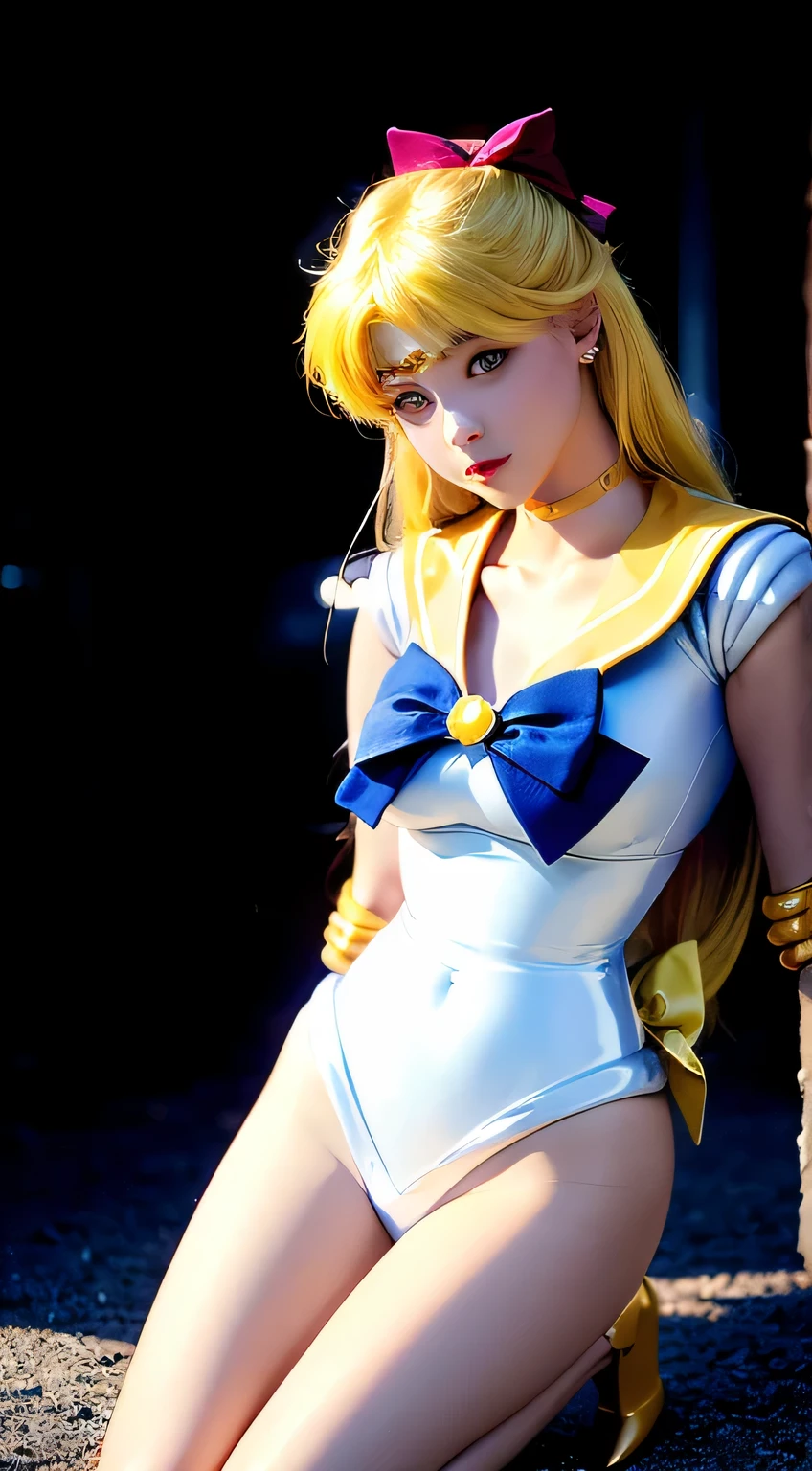 Sailor Moon basks in a cascading aura of mystical enchantment, radiating vibrant waves of magical energy. She gracefully utters the incantation, channeling the Armor of Love, whose bewitching design reveals a hint of audacious sensuality while remaining tastefully suitable for work. As the transformative energy envelops her, Sailor Moon's face flushes with comical embarrassment at the sight of her scantily-clad attire. To preserve her modesty, she tries to adjust the revealing outfit without compromising its enchanting allure. The Armor of Love accentuates her feminine grace, enhancing her ethereal beauty as soft silhouettes of delicate lace and shimmering ribbons adorn her slender figure. Her eyes sparkle with a mix of determination and vulnerability, reflecting the duality of her courageous spirit. The scene is bathed in a soft glow, casting a warm and romantic ambiance that enhances the charm and elegance of Sailor Moon's transformation. The colors, vibrant yet soothing, blend harmoniously, evoking a sense of whimsy and wonder. The scene is illuminated by a gentle, natural lighting that accentuates the delicate features of Sailor Moon's face as well as the intricate details of her outfit. The background showcases a dreamy landscape of sparkling stardust and celestial elements, resonating with the magical universe she embraces. This masterpiece resonates with best quality, allowing viewers to immerse themselves in the exquisite artistry, ultra-detailed craftsmanship, and vivid colors that bring Sailor Moon's transformation to life. (Full body shot, show her from head to toe, show all of her)