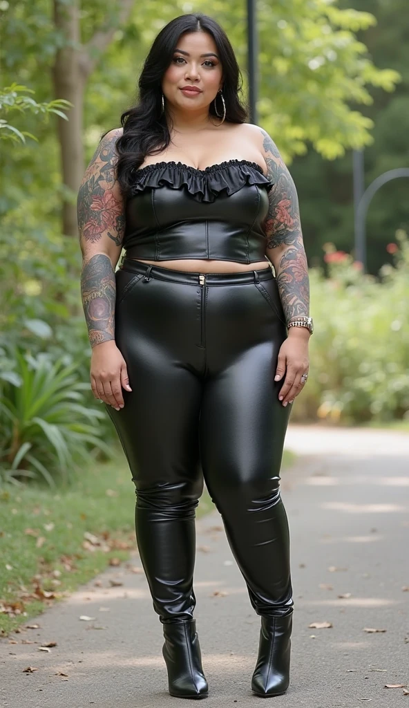 Young girl of 16 years old with white hair and light green eyes wearing a black long-sleeved cropped shirt, guantes verde claro y pantalones negros con patron de lianas verdes en un bosque, she has a jiggly fat round belly, bbwchan, wearing tight simple clothes, skinny waist and thick hips, widest hips, her belly is fat and round, soft curvy shape, hyperrealistic full figure, wearing a cute top, wide hips