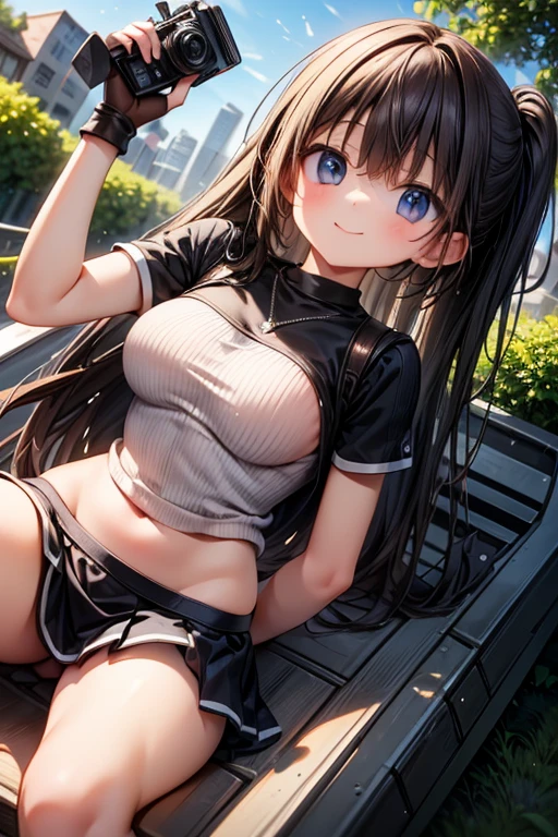  (masterpiece:1.3), (Best Quality:1.3), (Ultra-detailed:1.2), ((kawaii)), Cute, (lovely), ((sexy)), ((Extremely detailed)), 4K, (8K), Best Quality, (Beautiful), Illustration, anime style, (bold line:1.2), Gradation, looking at viewer, //, (bent down:1.1), (arms behind back), //, a cute girl, 1girl, (solo:1.2), gleaming skin, //, (flat chested), (Perfect eyes:1.2), (Perfect iris:1.2), //, darkblue hair color, (beautiful eyes) //, (half closed eyes:1.3), (sexual expression:1.2), Fascinated expression, smile, (blush:1.2), //, modern city background, on rock, twin tails, muscle girl, hard abs, exposed abs, NECKLACE, tight blouse, skirt