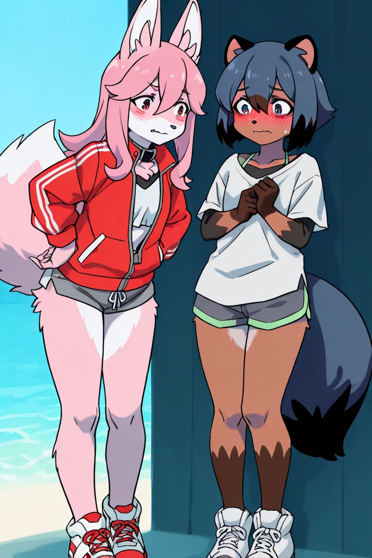 (superflat, flat shading, flat colors:1.1), wide angle, 2girls, little kid, (chubby), , small breast, white hair, (white fox ears), (white fox tail:1.2), (white sports bra with black panties), smile, blush, eyes closed, bare feet, standing on snow, stretching, doing exersizes, winter forest, bright sunlight, white, best shadows, watercolor,