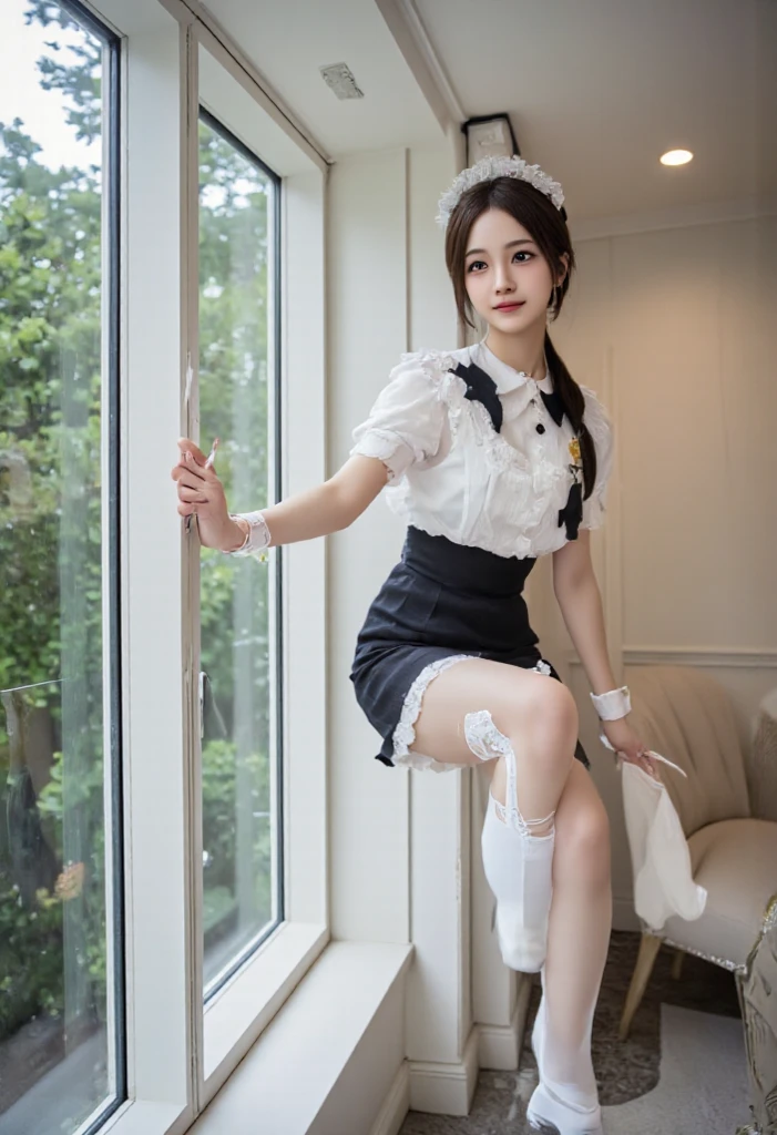 Bunny girl in a light blue maid outfit:1.5,Wearing black tights:1.5,The best smile:1.5,Full Body Shot:1.5,Gray background:1.5,Wearing black high heels:1.5,Sit with your legs apart:1.5