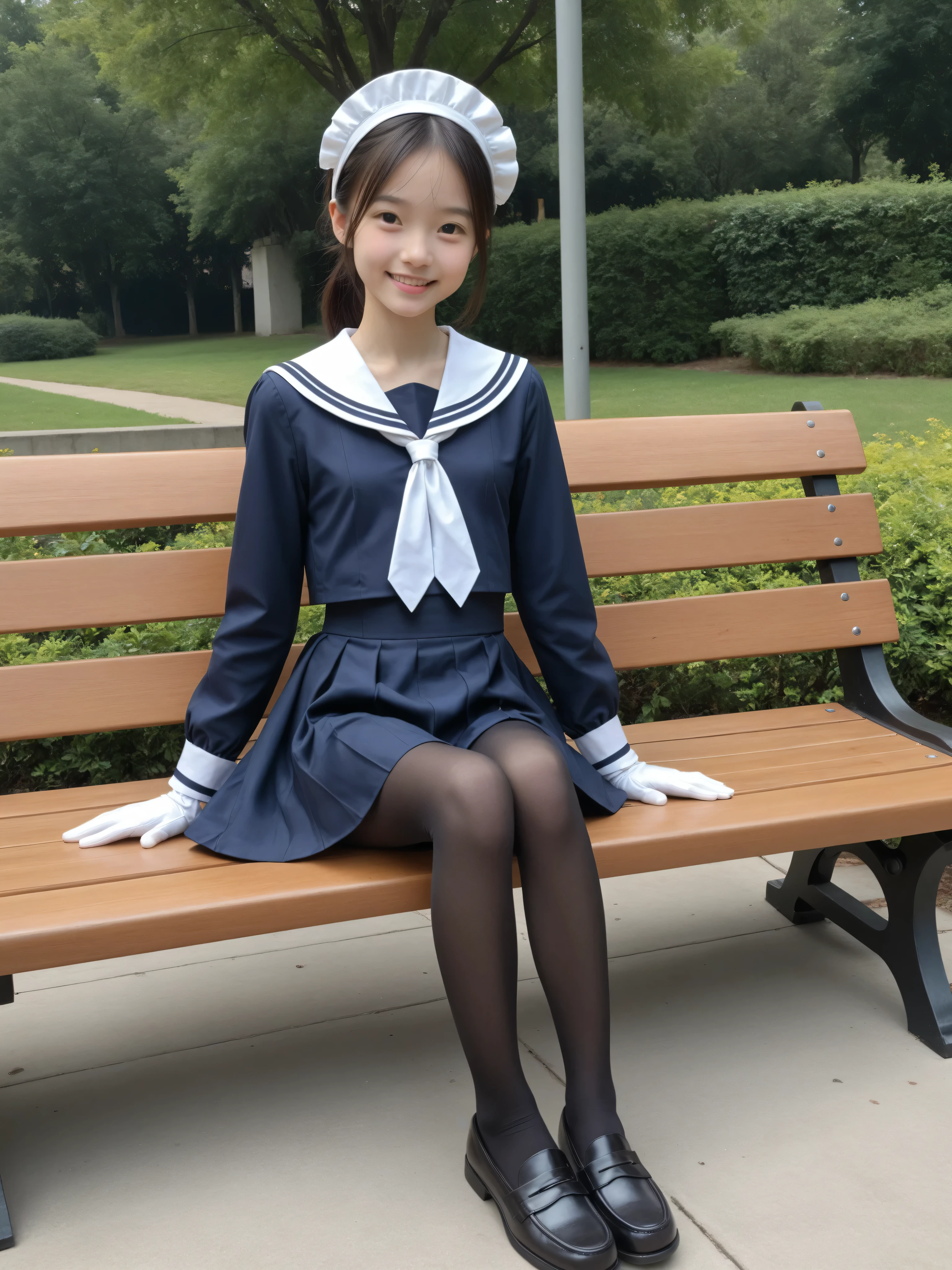 score_9, score_8_up , score_7_up , realistic, Picture , Detailed face and eyes, detailed depiction of skin facing upward,cute,long sleeve sailor suit you can see when you close the cosplay , maid cap ,white gloves, navy knee-length skirt visible when closed,20 years old,cute,masterpiece,4K,8k,16 kg,Hair tie, sitting on a park bench,very thin,(slender:1.5),(thin:1.3),(Smile Yang:0.4),(younger:1.5), Small butt,thin thighs,slender body,black tights seen from afar, black hair,Bang Hair,Black Loafers,No Panties,thin body,cuteyounger,Beautiful Japanese junior high school student with shoulder,realistic, has a large amount of semen on the face, に展示されているyounger日本人男性は、has a huge amount of semen all over her body, Urethral opening hair , includes a penis with a rounded crotch,small breasts,thin,slender,short,thin body,younger,cuteyounger,Beautiful Japanese junior high school student with shoulder,realistic,Japanese