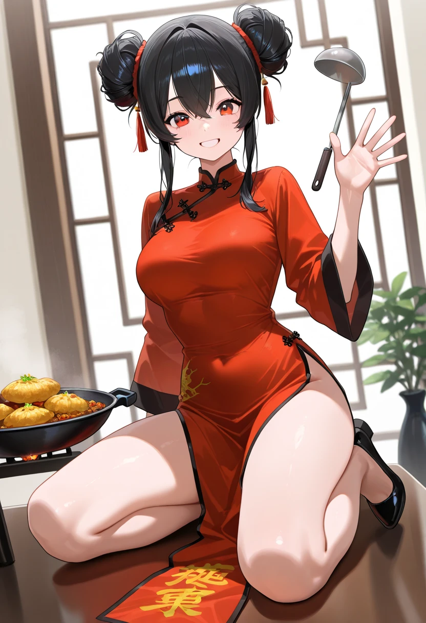 best quality, afterglow, 4k, ((masterpiece)), extremely detailed, 8k, trending on ArtStation, Intricate, High Detail, Sharp focus,  drspnts <lora:drspnts:1>, 1girl, dress, (side slit), underwear, panties, side-tie panties, thighs, (pelvic curtain), (thick thighs, wide hips), china dress, ((cowboy shot, upper body)), <lora:more_details:0.5>