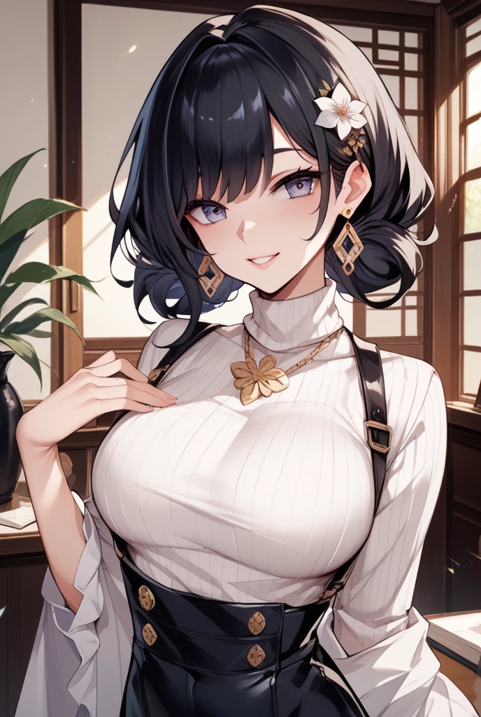 ((Highest quality)),(Ultra-high resolution),(Very detailed),(Detailed Description),((The best CG)),(A masterpiece of art),Ultra-detailed art,Amazing drawing art,(Fashion art with precise details:1.5), (Adult female:1.6),(Beautiful and well-proportioned face:1.5),(Big Breasts:1.7),(大きな胸をtableに乗せる:1.6),(Short Hair、meticulously and carefully:1.6),(Sleeveless shirt:1.7),Earrings, table:1.4,vase