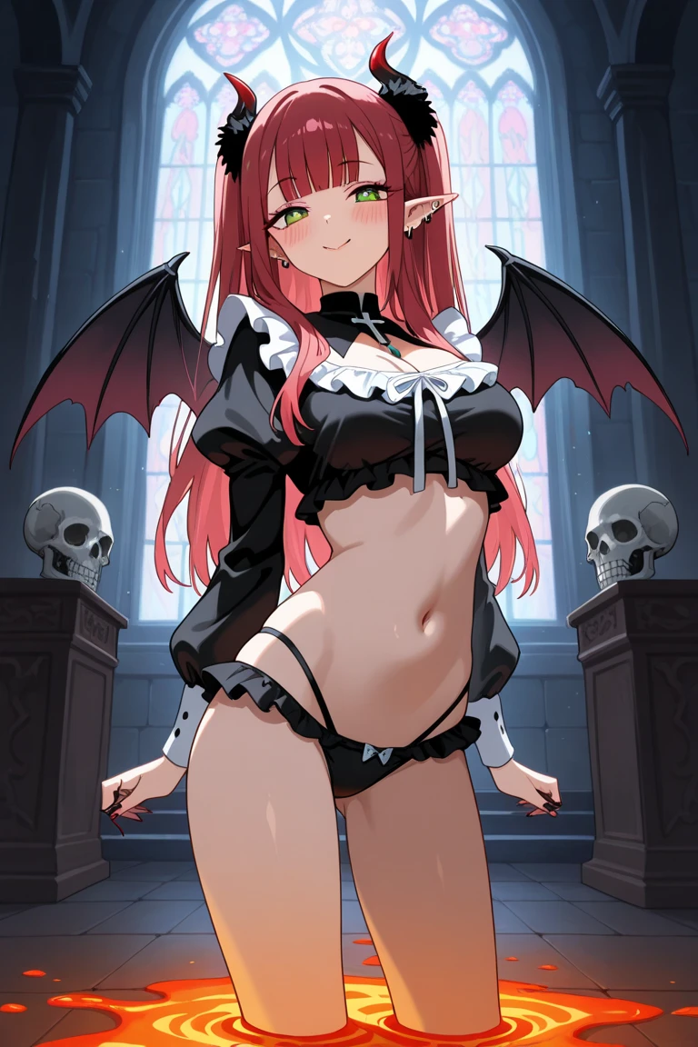 masutepiece, Best Quality, 1girl in, Solo, Yellow eyes, Red hair, Medium chest, Demon Girl, demon tail, Demon Wings, small demonic horns, pointy ear,Twin-tailed, Bat hair ornament, Cape, White shirt, White legwear, stuffed toy, plushies, beret, gloves, Bangs, hat,fullnude,All ,(Soft skin texture),Open your crotch,take bath,taking shower,enter hot spring,,urinate,Foam on the body,Sex in bed,Open the crotch,White foam flows out of the crotch,Gel bukkake,pissing,AHE Face,