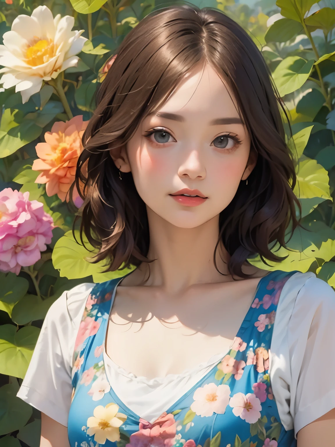 395 ((young woman)),(short hair),(Neat hair),(Ultra High Definition),(floral dress),(Leonardo da Vinci style paintings)