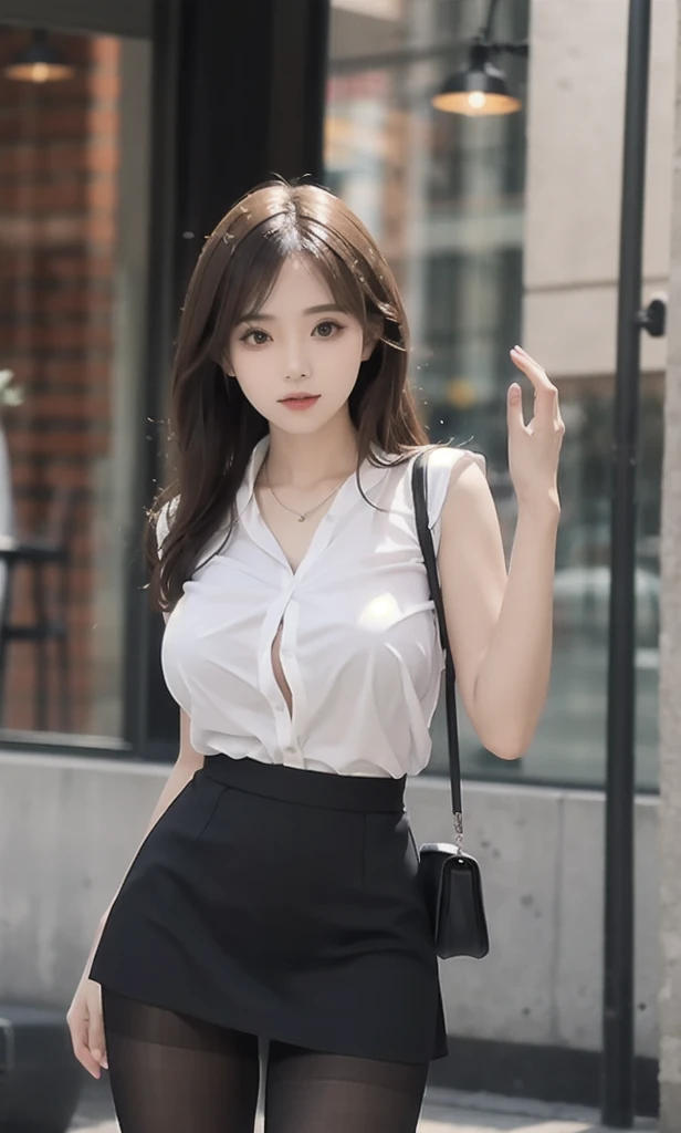 (((From the thighs up)))、(((Are standing)))、(((Scenic location)))、(((white tight shirt)))、(((Black Hip Mini Skirt)))、8k、highest quality、High resolution、(((big breasts)))、chest is open、have cleavage、plump ass、very light brown hair、(((thin and beautiful eyes)))、completely doubled、shy smile、medium hair