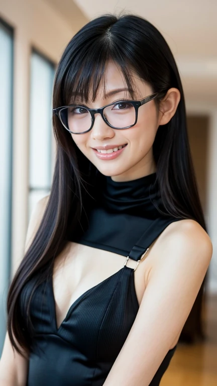 1girl, ((realistic)), ((photorealistic)),((high-res, masterpiece, best quality, cinema lighting)), masterpiece, best quality:1.2), upper body, solo, 1girl, smile, closed mouth, masterpiece, best quality, 4k, photograph, cinemtaic lighting, modelshoot, perfect lighting, perfect detailed face, professional photoshoot, seductive smile, (((huge breasts))),((((Shimizu Kiyoko)))), black hair, orange turtle neck sweater, sleeveless, realistic,wearing glasses,(((beautiful))),japanese female,((mature female 1.3))