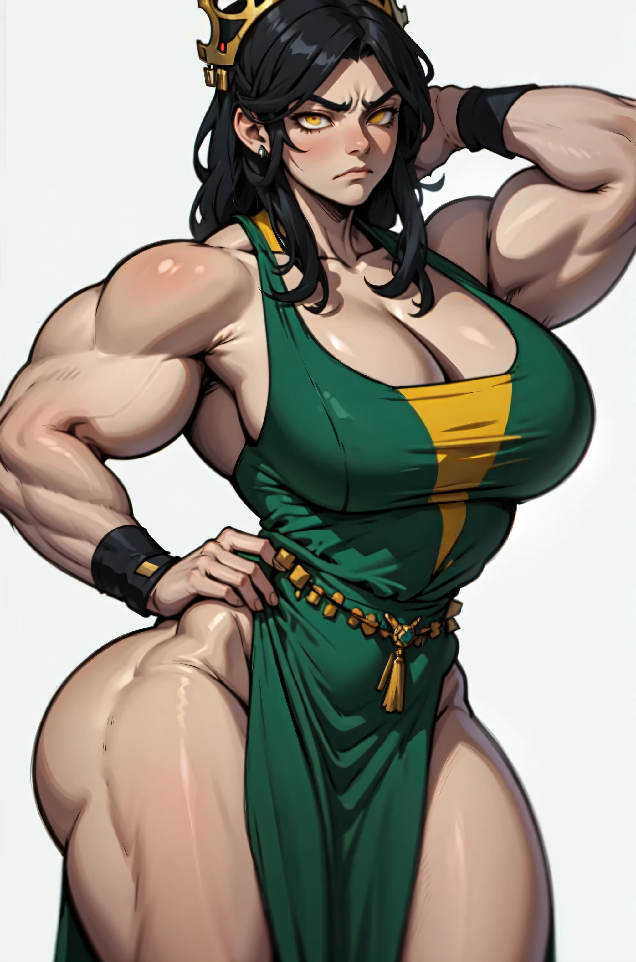 ((1 girl)), solo, (((accurate anatomy))), thicc thigs, ((wide hips)), (((Huge breasts))), ((long legs)), ((Female Bodybuilder)), ((((Muscular Legs)))), ((((Huge Muscles)))), veins, black hair, yellow eyes, pale skin, strong, veins, abs, (((UHD best quality 16k masterpiece))) curly hair